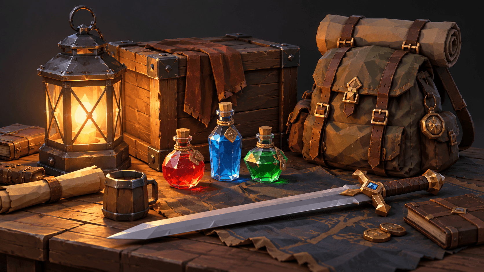 Low-poly game prop concept showing a lantern, crate, potions, backpack and sword on a dark workbench