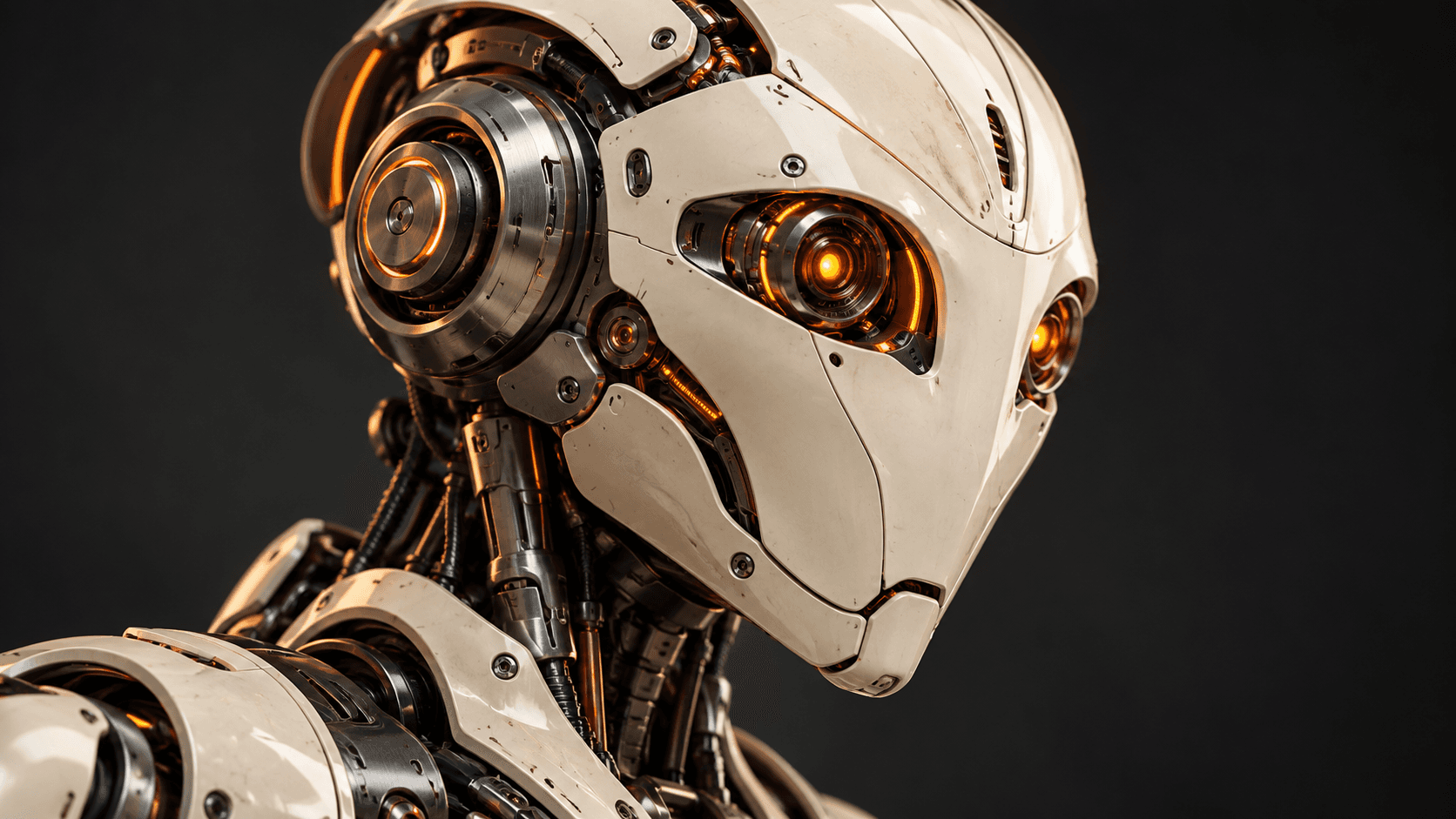 Original studio concept render of an ivory and chrome robot head with orange optical details