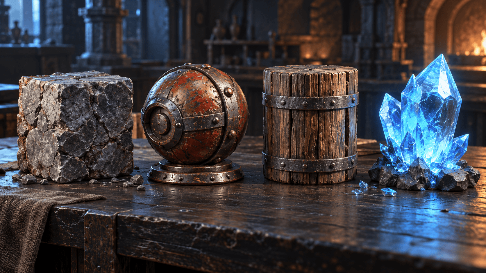 Blender game material study showing stone, painted metal, wood and glowing crystal samples on a dark table