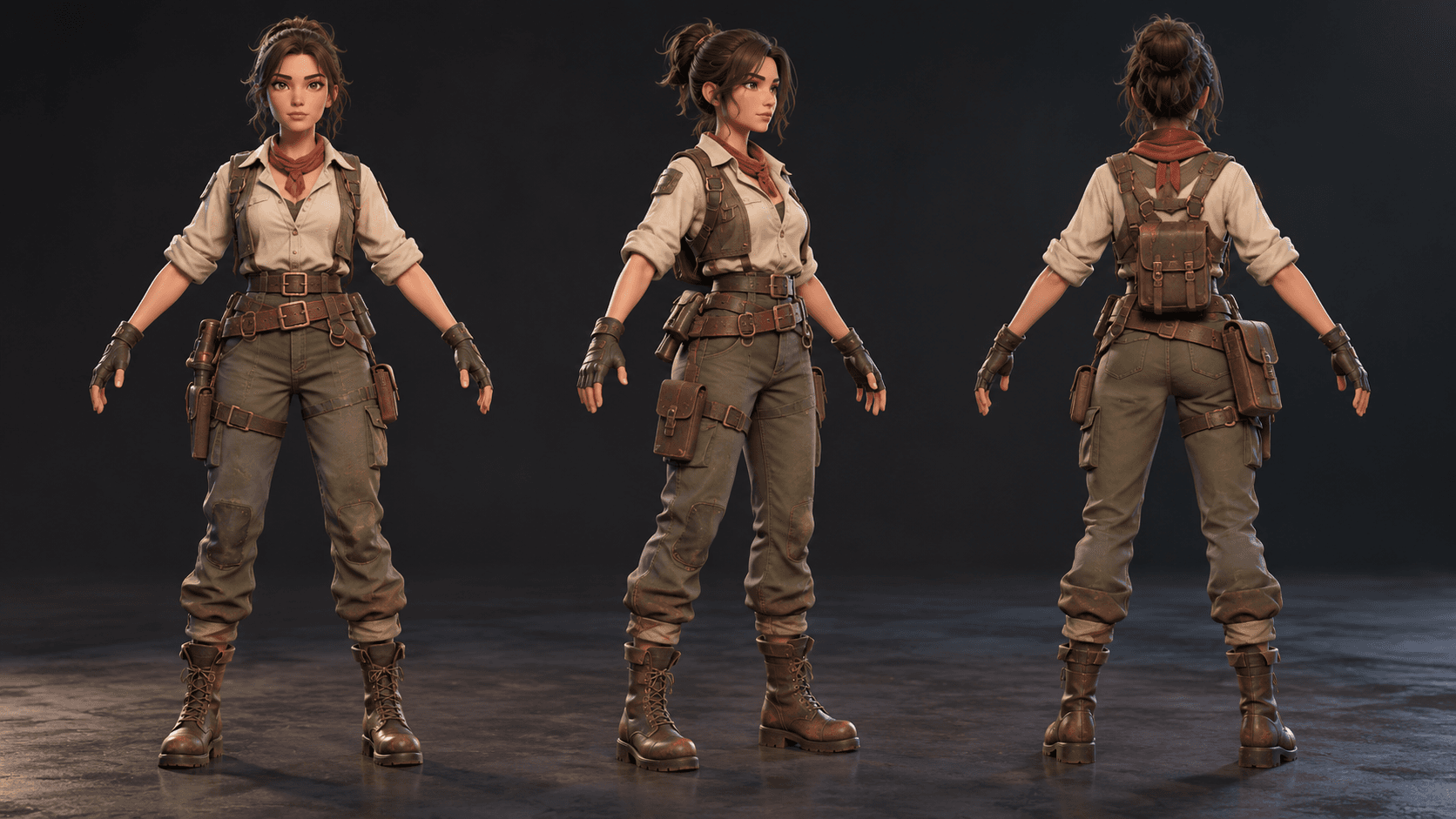 Stylized Blender game character asset in a neutral pose on a dark studio floor