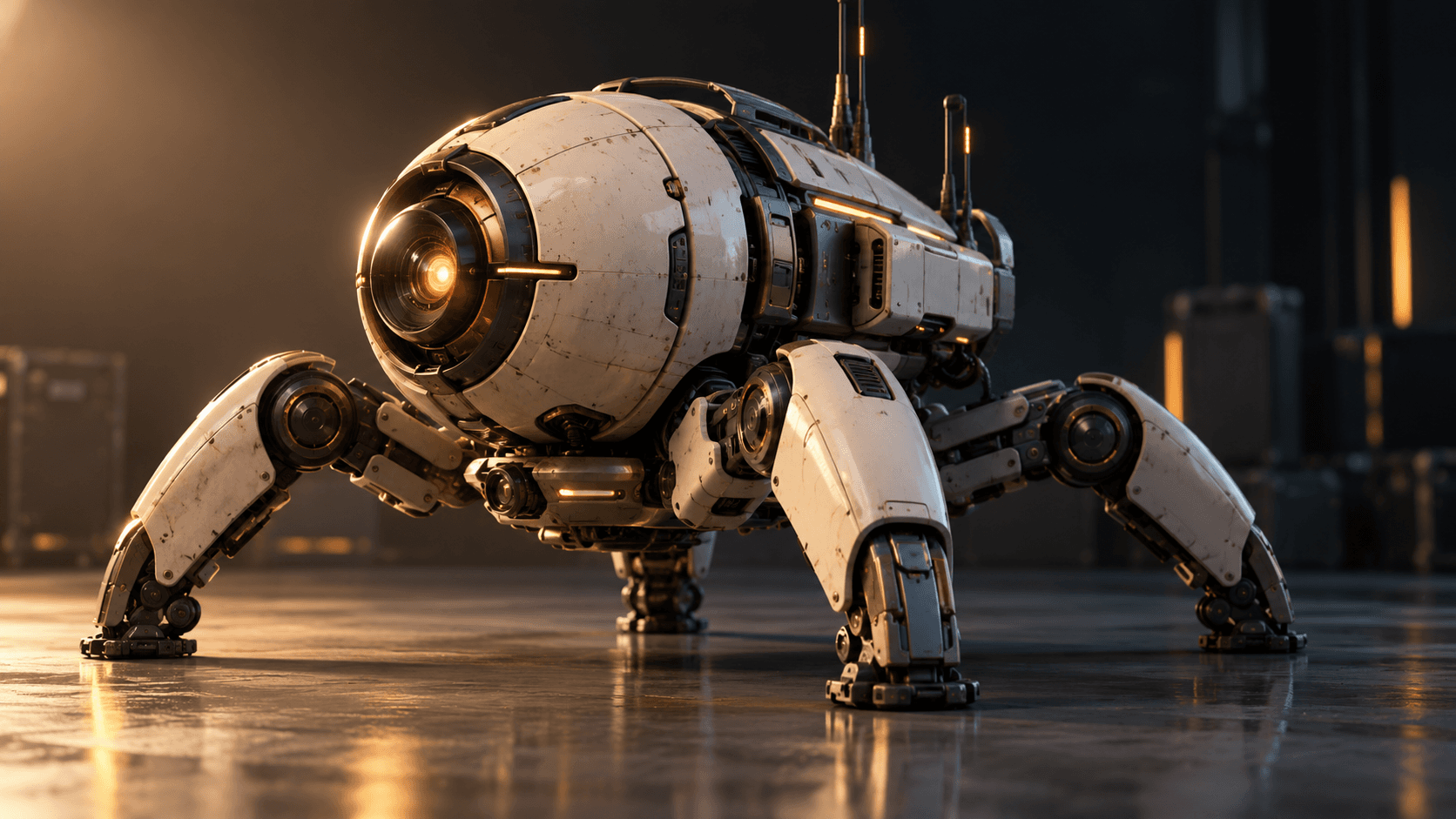 Cinematic game-prop concept of a ceramic and brushed-metal exploration drone under controlled studio lighting