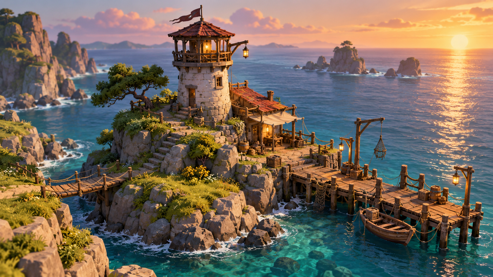 Stylized Blender game environment with a seaside watchtower, rocky island, dock and warm ocean horizon