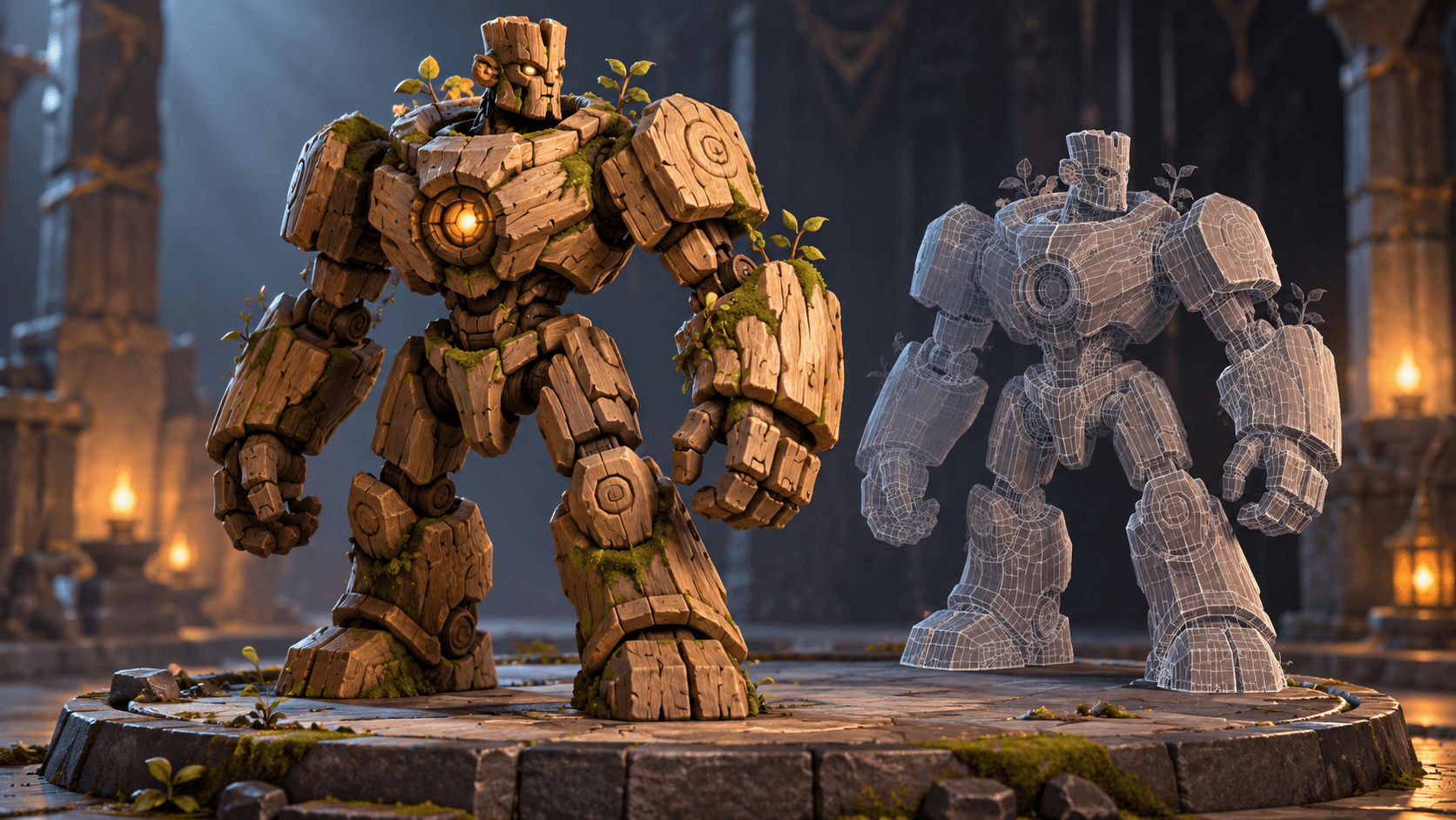 Stylized wooden golem game prop shown in a clean Blender and Unity-oriented studio presentation