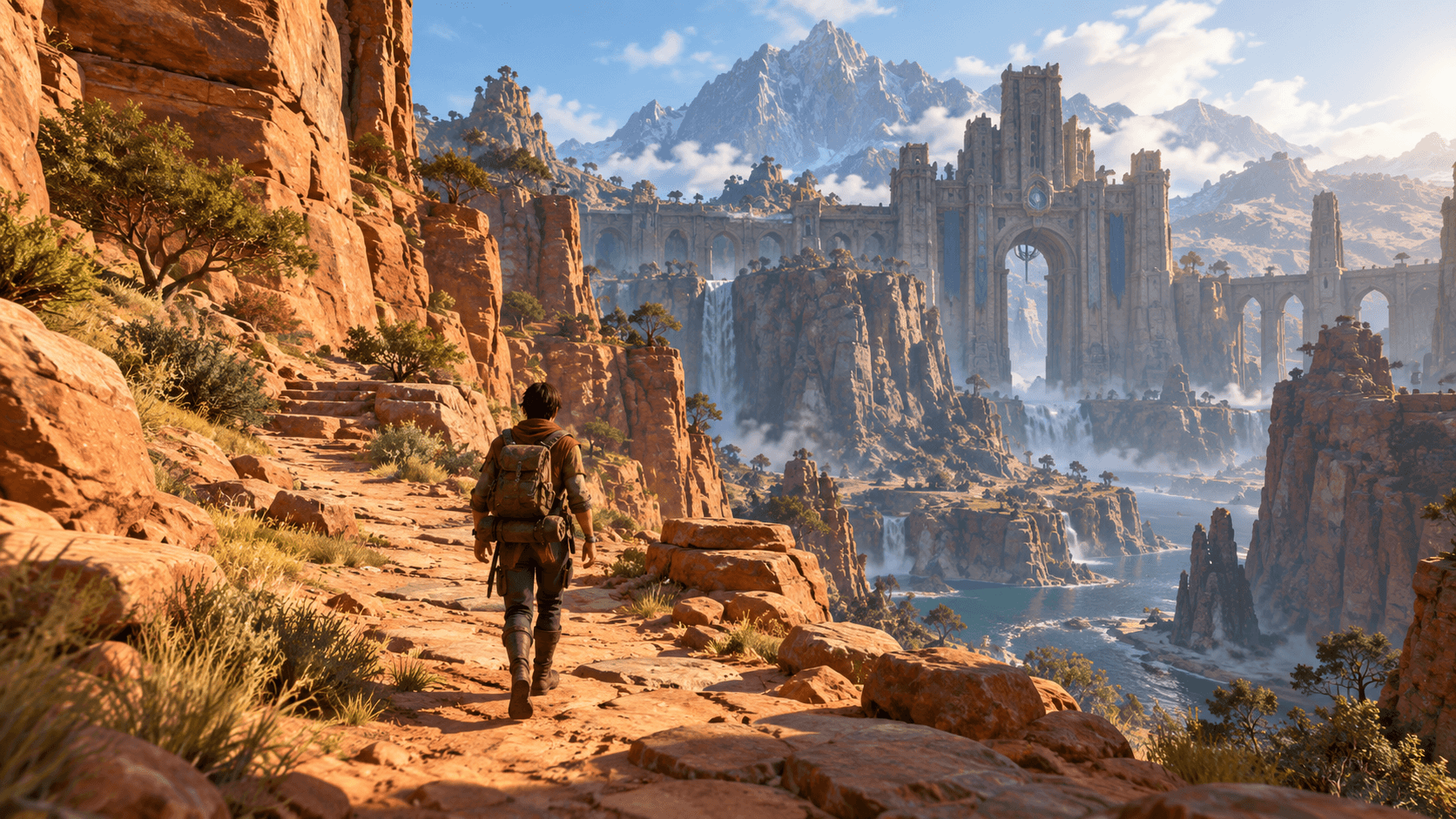 Game-style concept illustration of an explorer following a sandstone canyon trail toward a monumental gate