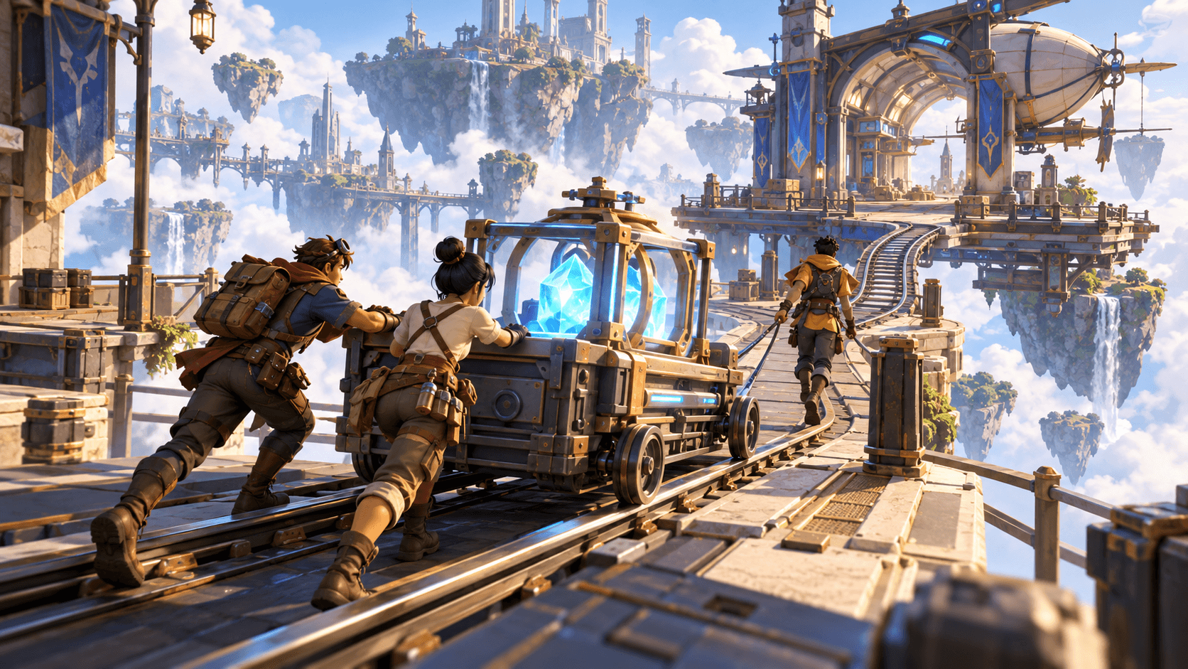 Browser multiplayer game concept with three explorers cooperating at a floating sky-rail station