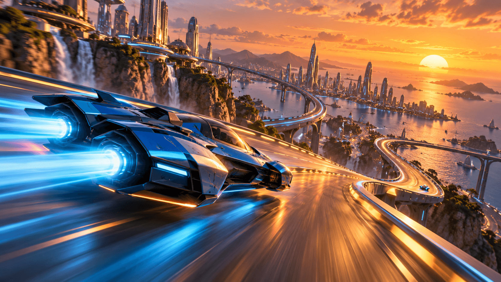 Original concept art of a futuristic hovercraft racing above a coastal city at sunset
