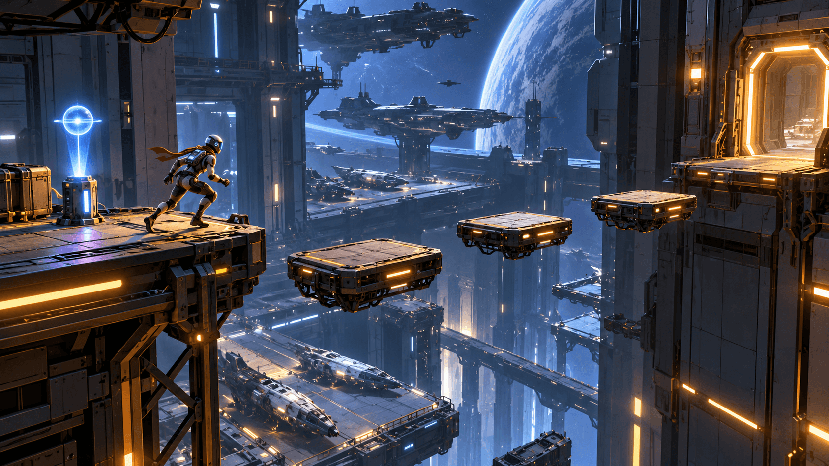 Sci-fi platformer concept showing an explorer, carefully spaced jump platforms and a glowing checkpoint in a space hangar