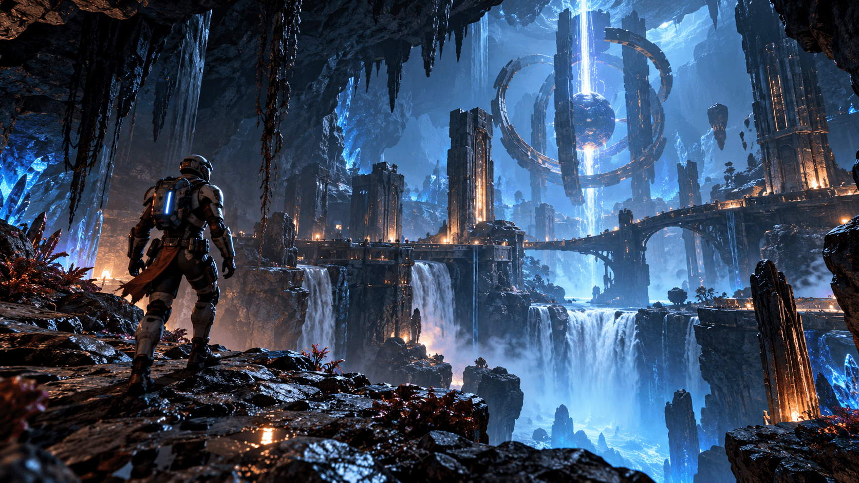 Sci-fi action game concept in a glowing cavern with clean composition reserved for a readable HUD