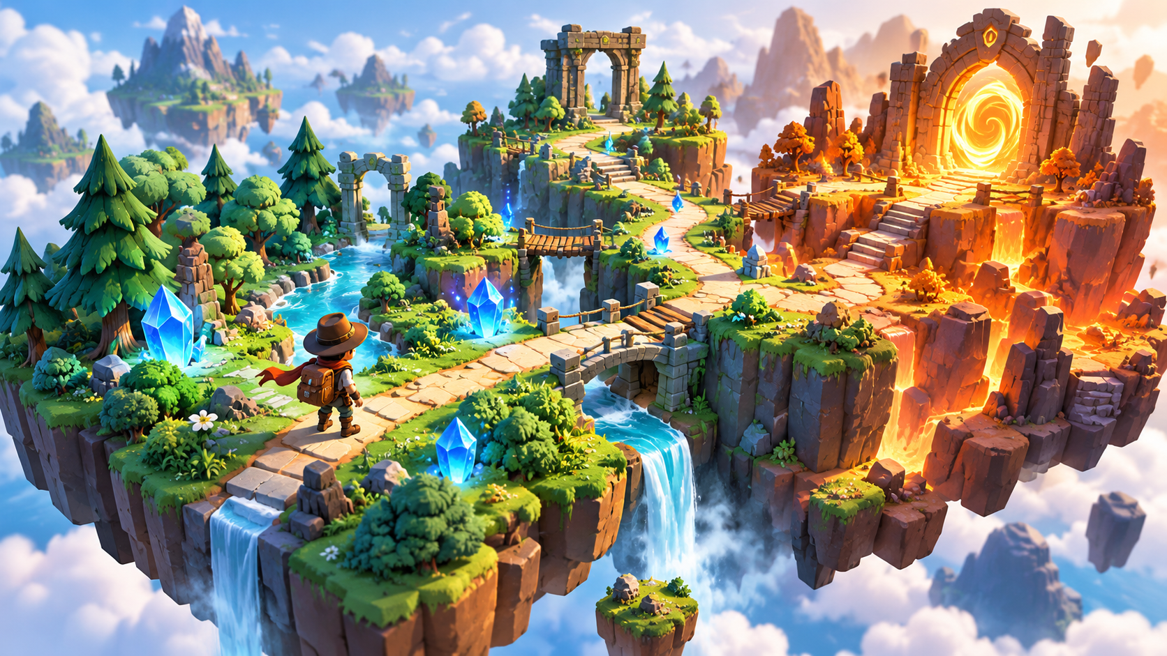 Original isometric game concept illustration with a forest path, explorer, crystals and a portal