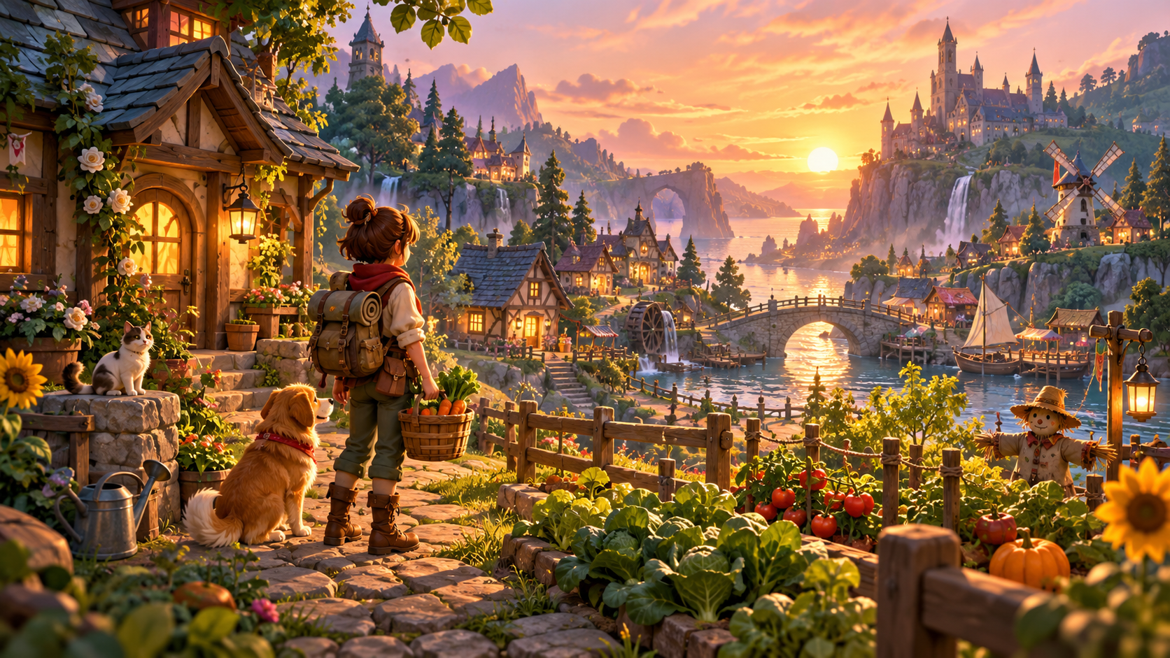 Original concept illustration of a cozy farming village with garden plots and timber cottages