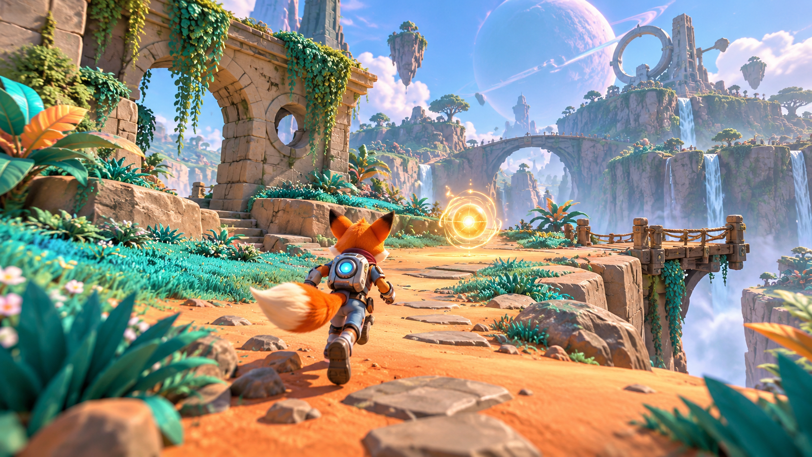 Polished game concept of a fox-like astronaut running along a readable alien garden path toward an energy collectible