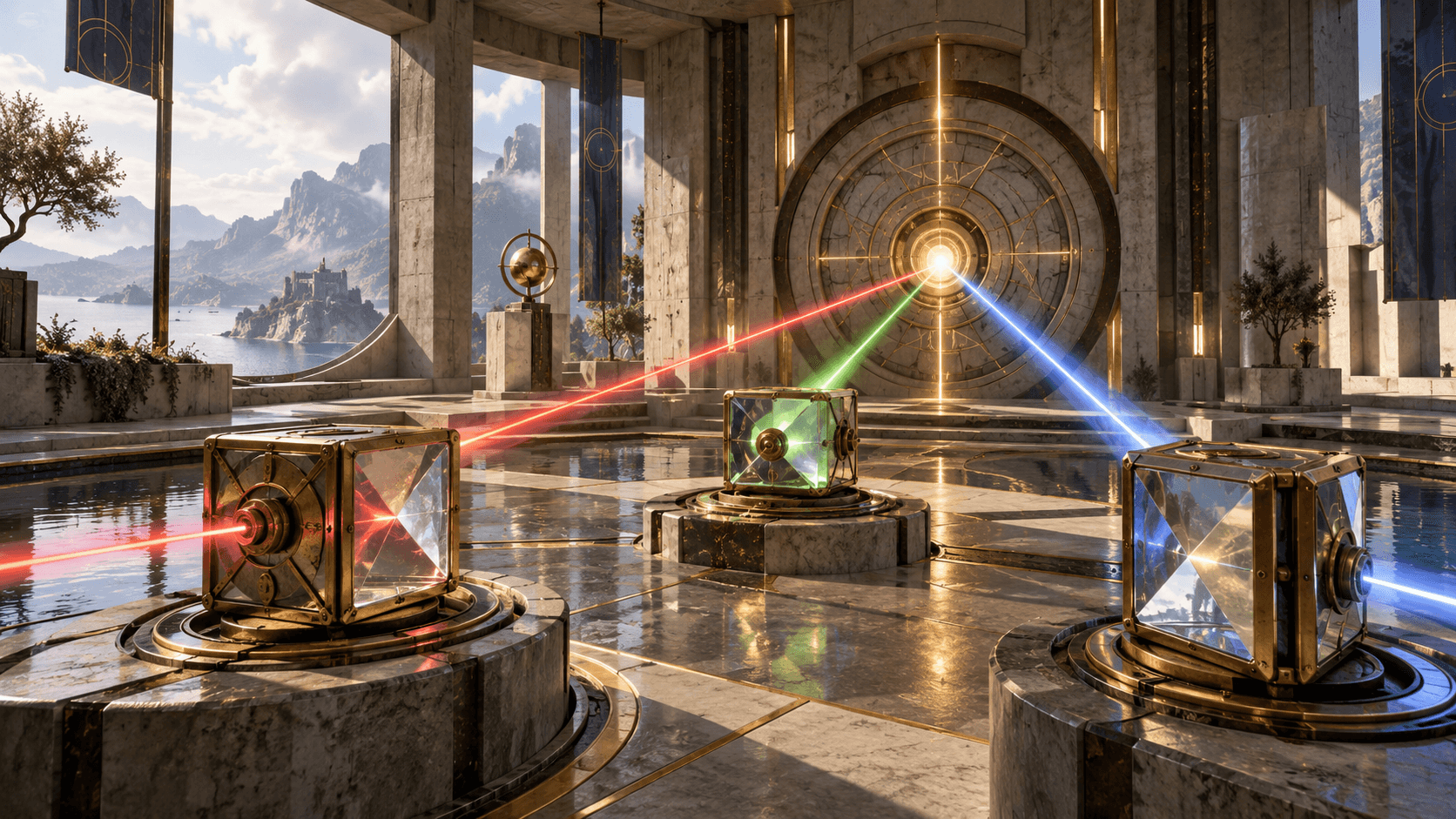 Game-style observatory puzzle room with brass prism cubes and light beams leading toward a circular door
