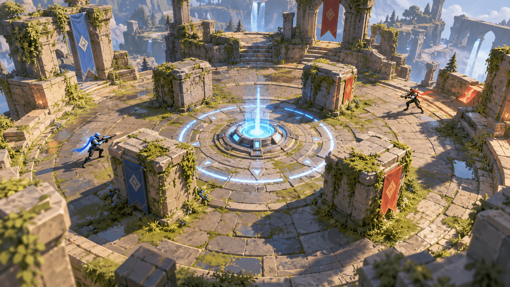 Blocky arena game concept with mossy ruins, cover pillars and a glowing central capture point