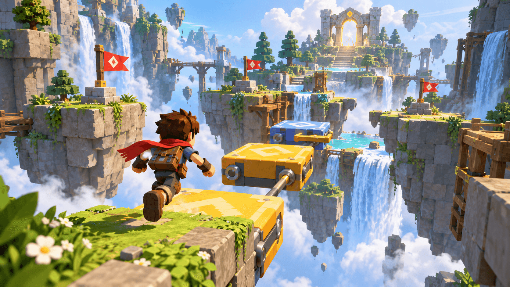 Blocky floating-island obstacle course with colorful platforms, checkpoint flags and a distant finish arch
