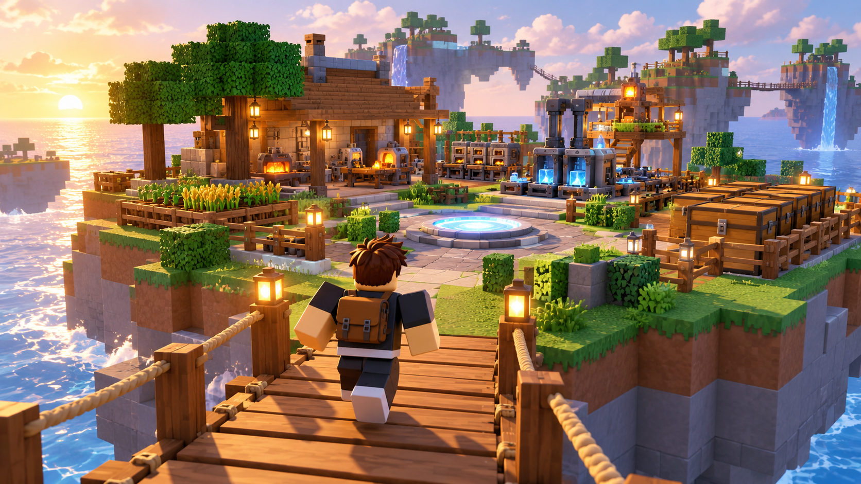 Blocky Roblox-style island workshop with upgraded machines, storage chest and a welcoming spawn point