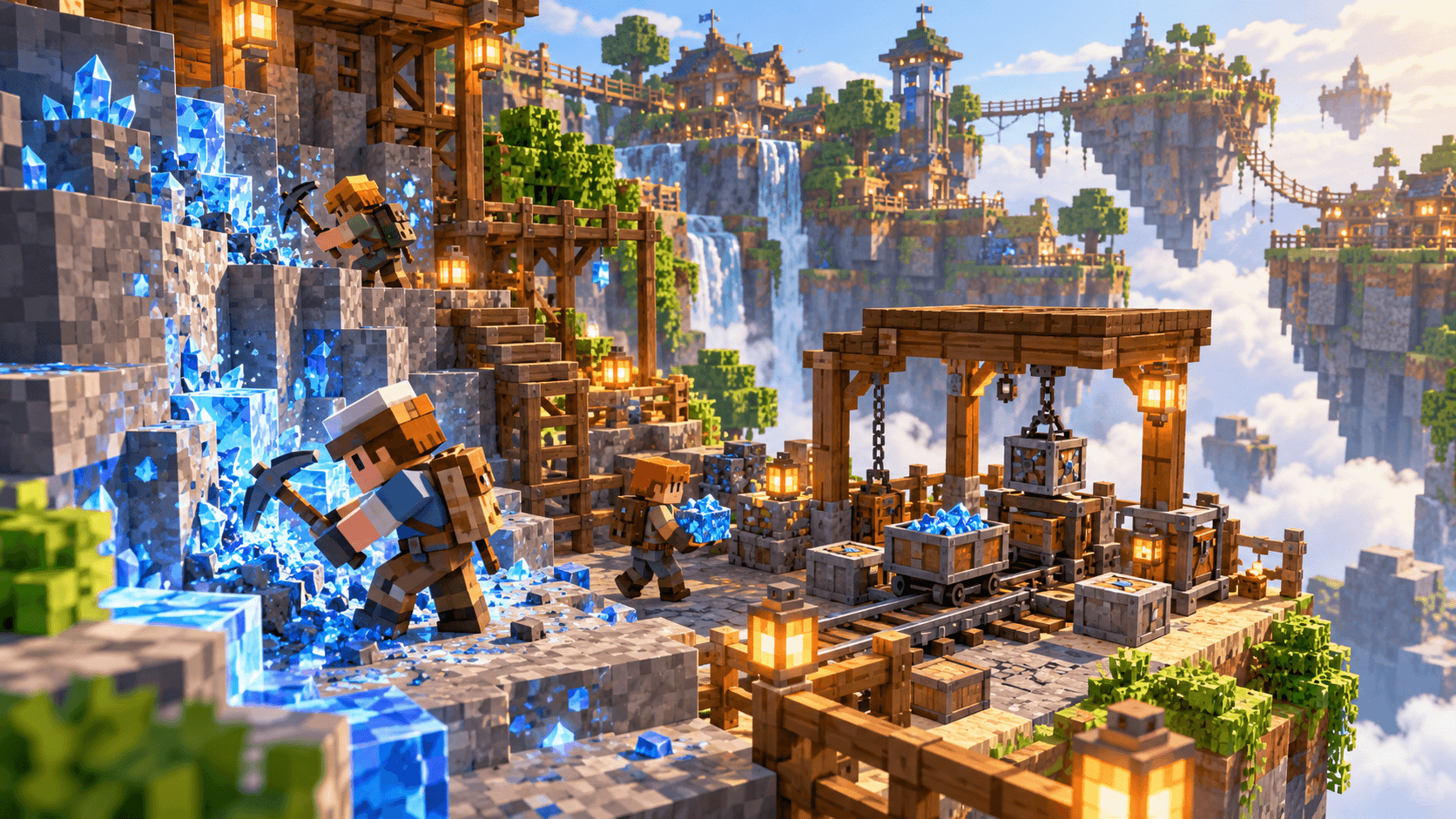 Blocky game concept of explorers collecting glowing blue ore in a floating quarry village