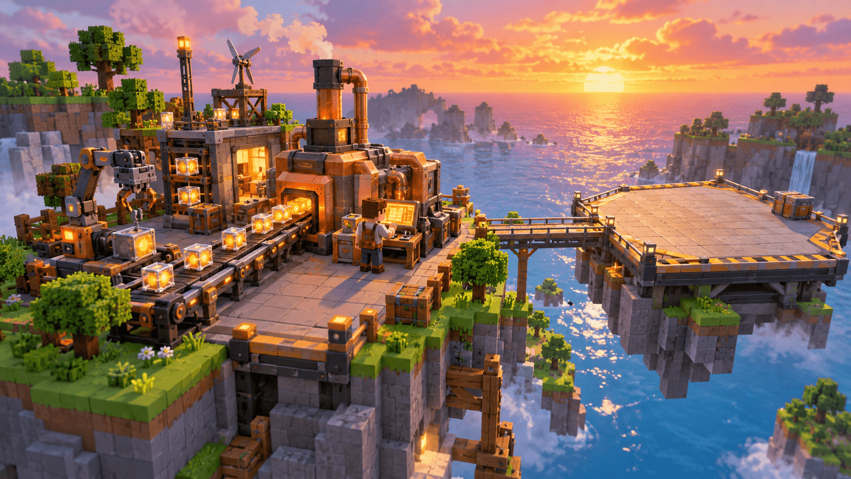 Original blocky factory game concept with a copper machine, glowing energy cells and an island conveyor