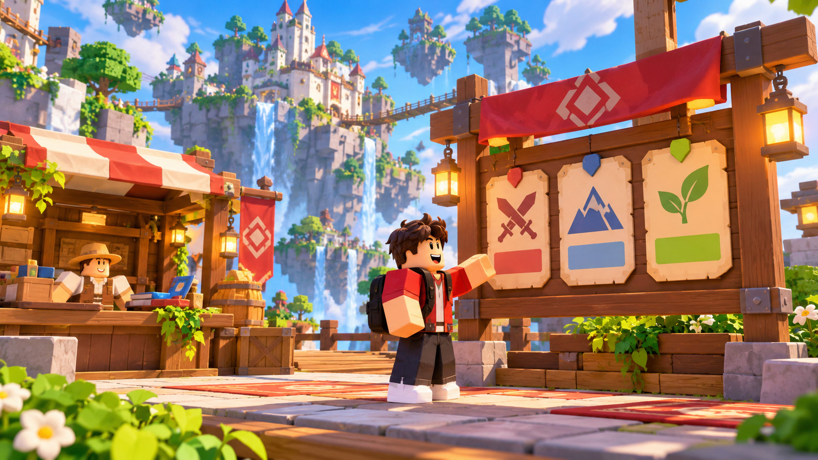 Blocky floating village game concept with a character beside a kiosk and colorful quest board shapes