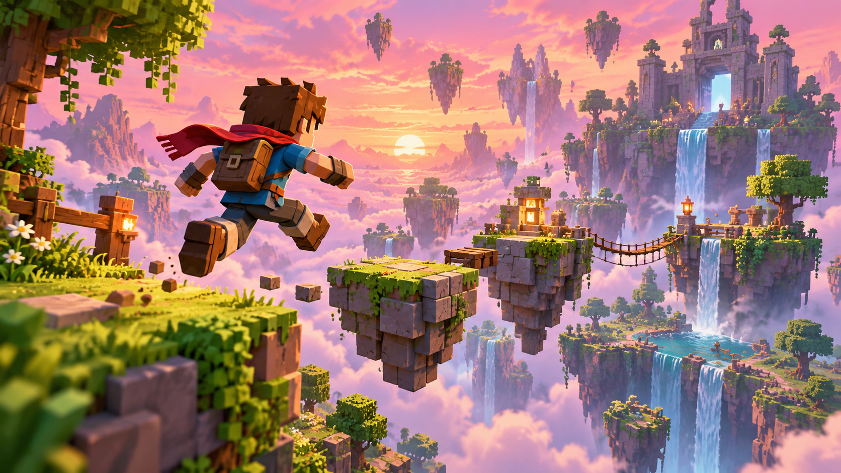 Original blocky adventure concept art of a character jumping between lush floating islands