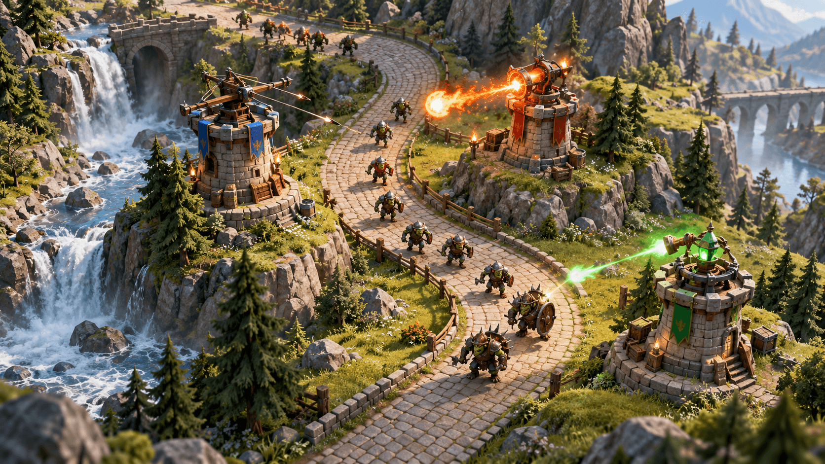 Isometric game concept of defense towers beside a winding cobblestone path through a highland valley