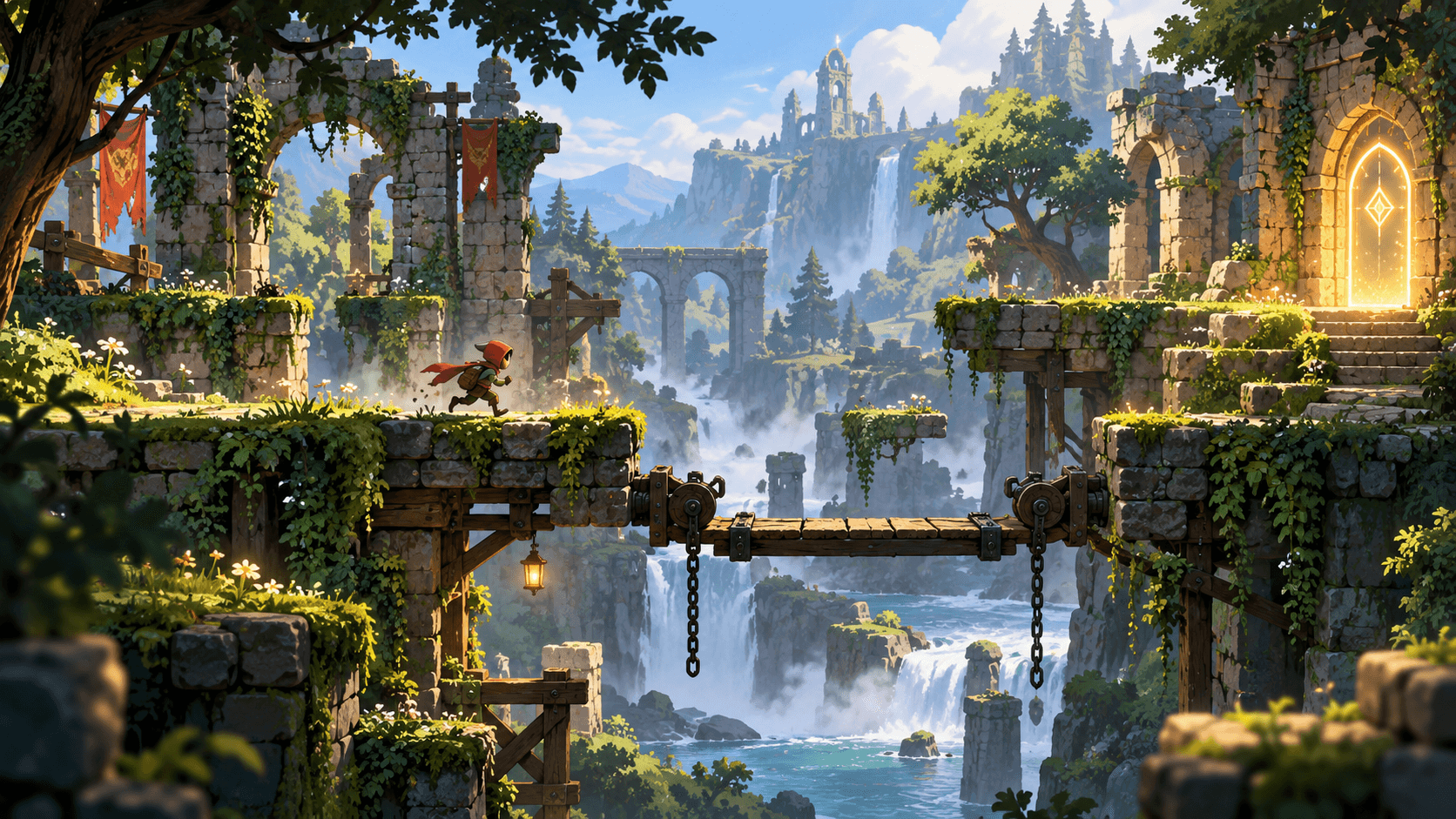 Unity 2D platformer concept with a courier crossing forest ruins toward a glowing goal doorway