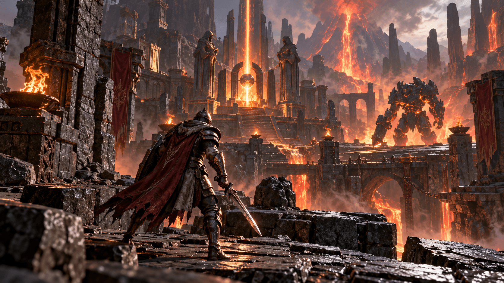 Unity action game concept with an explorer in a volcanic temple arena and a glowing objective altar