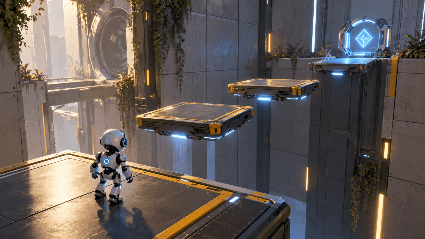 Unity game concept of a robot navigating precise platforms toward a glowing checkpoint in a sci-fi test chamber