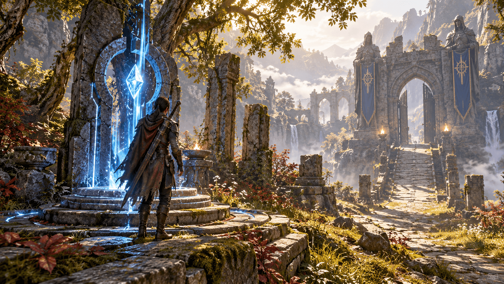 Unity fantasy game concept with an adventurer at a glowing checkpoint shrine in a forest ruin