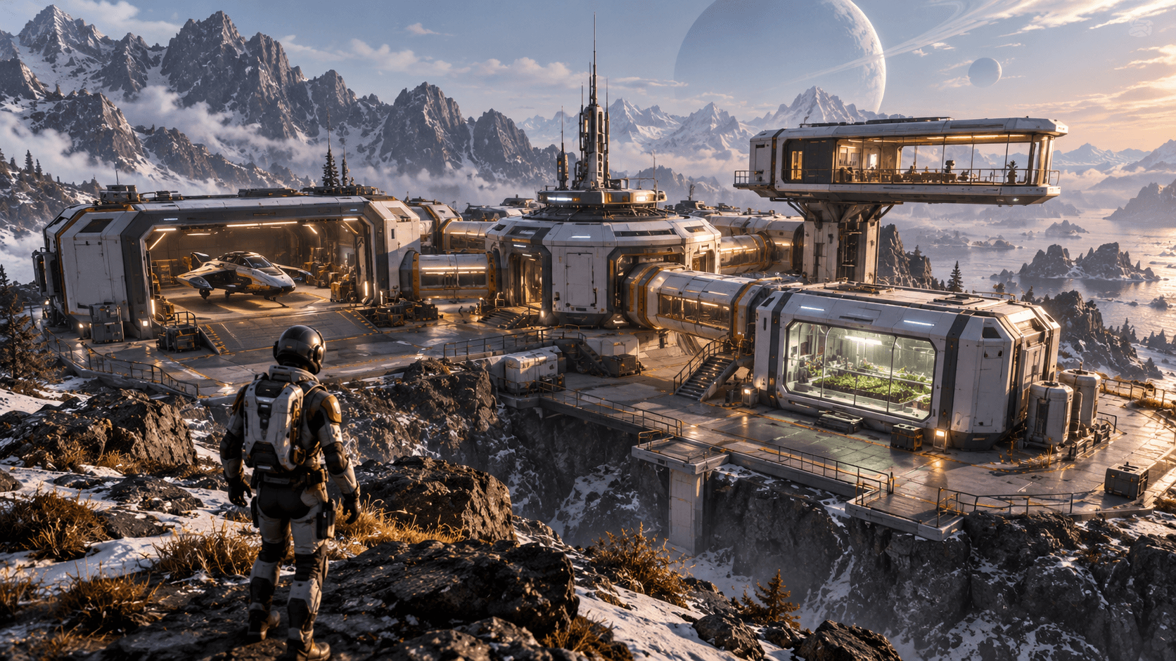 Unity sci-fi outpost concept with modular rooms connected to a central hub