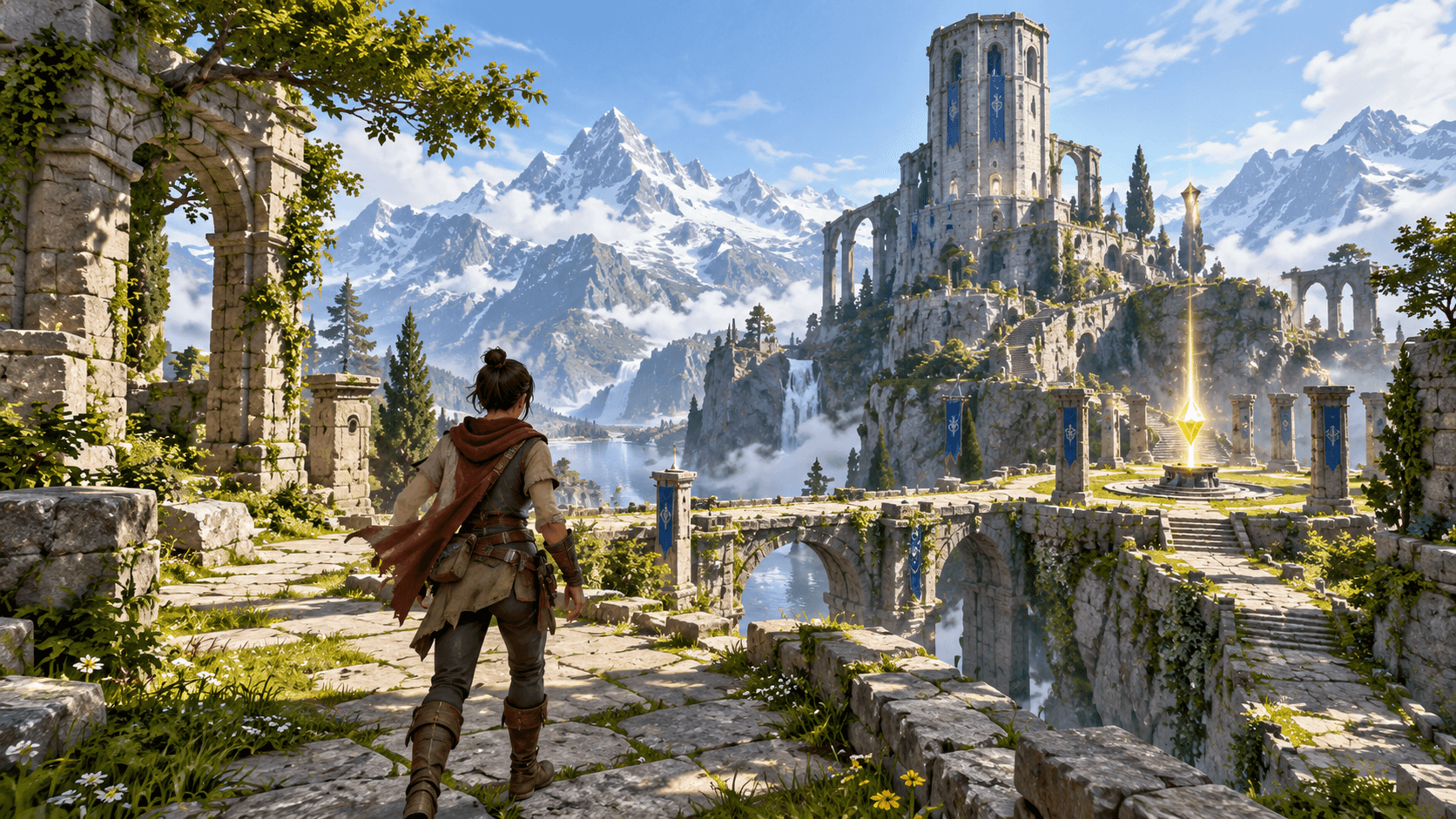 Unity game concept with an explorer in an alpine ruin courtyard and a visible collectible beacon