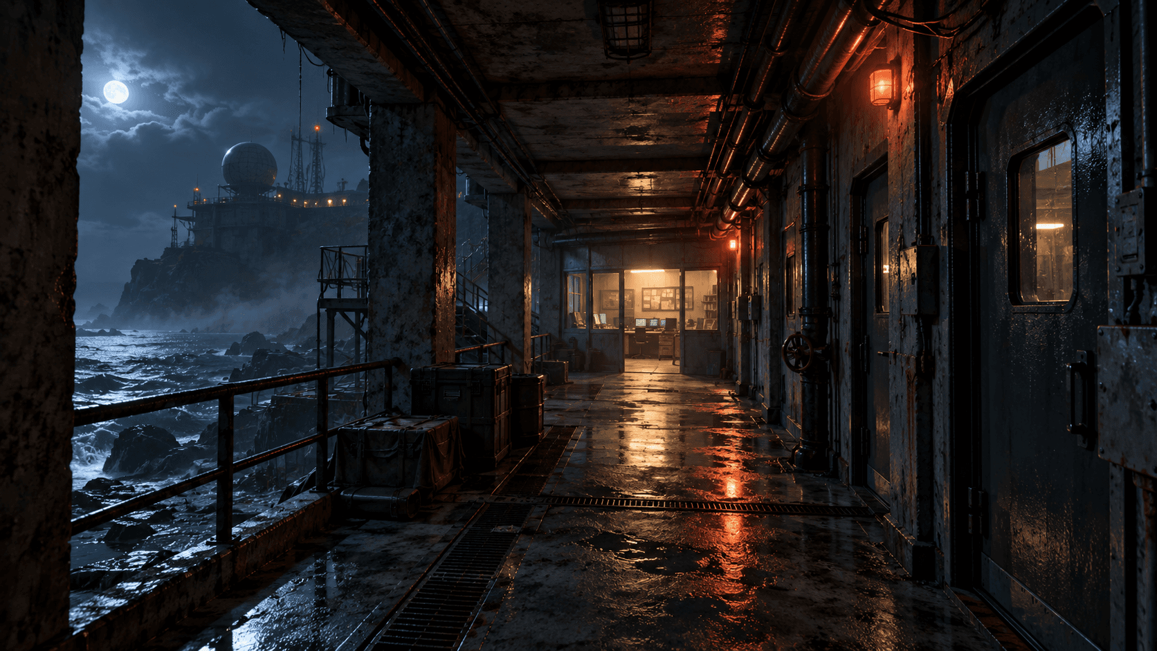 Photorealistic game-environment concept of an abandoned research-station corridor lit by moonlight and an amber office