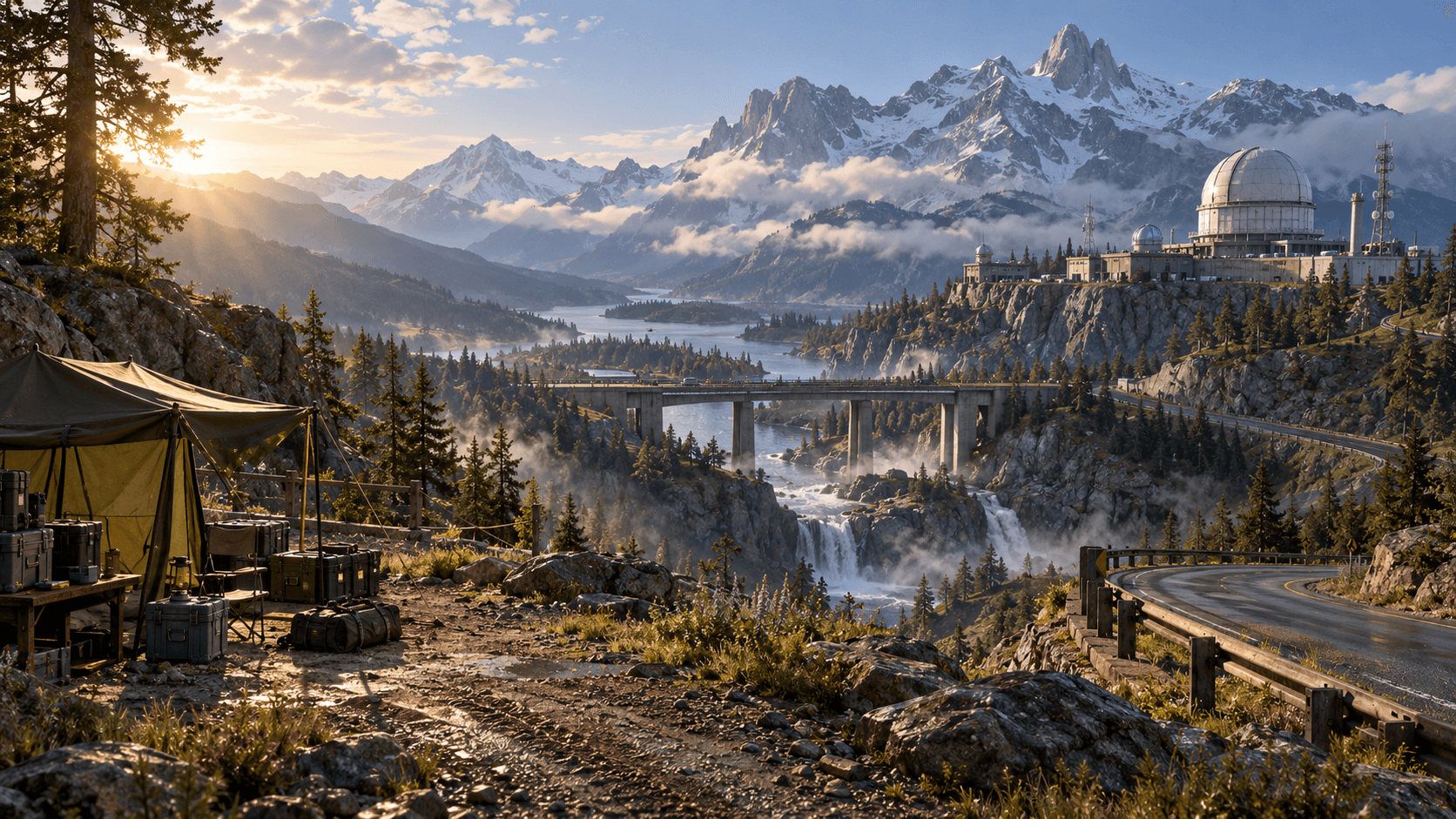 Open-world game concept of a mountain research valley with a camp, bridge and distant observatory