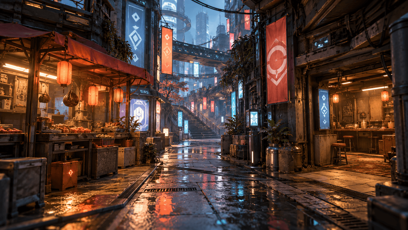 Dense but readable cyberpunk market game environment with modular buildings and a clear main path