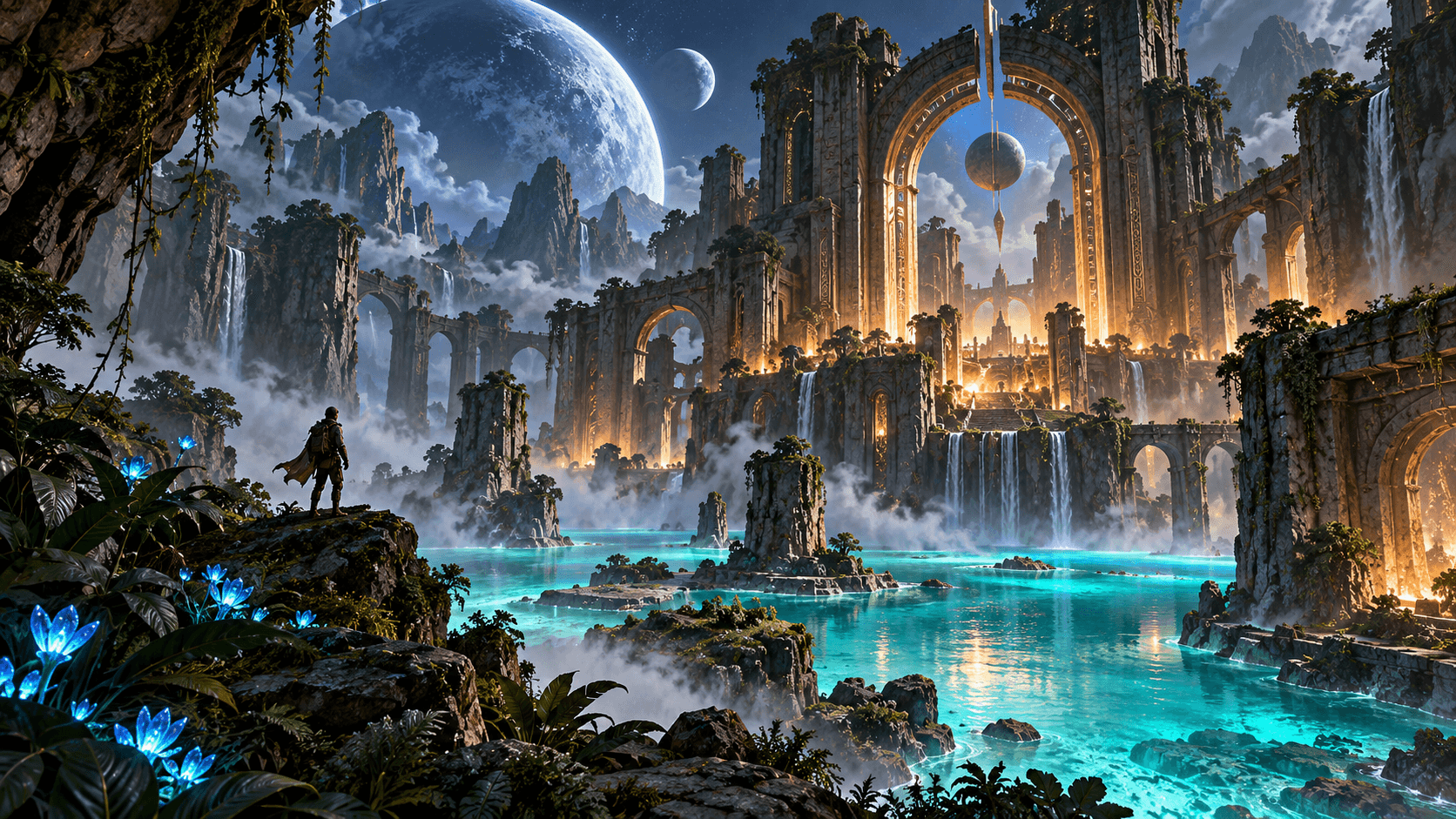 Original cinematic concept art of an ancient alien temple surrounding a turquoise lake
